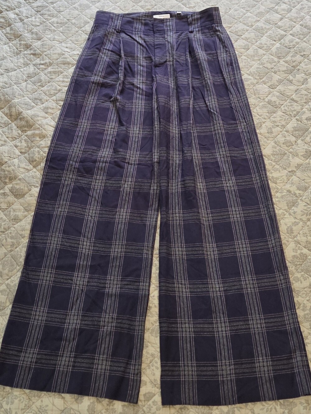 Vince Women's Pleated Navy Plaid Wide-Leg Pants
